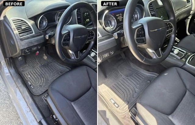 Before and after of a Chrysler 300 driver area, dusty dash and dirty floor mats returned to clean