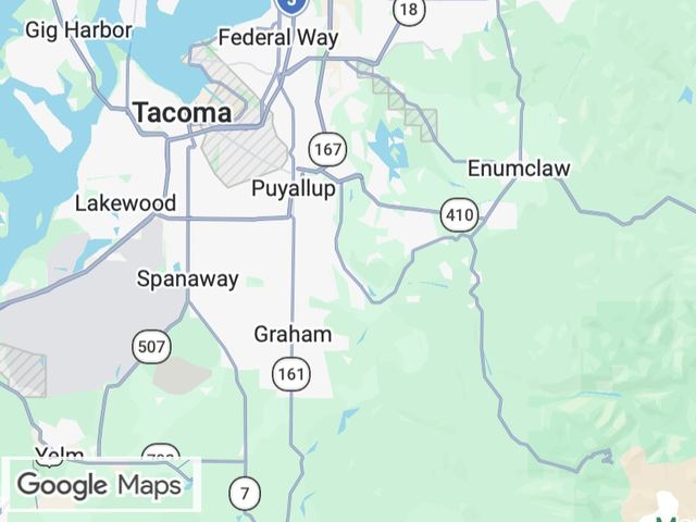 Map of the Pierce County area, from Tacoma and Lakewood east through Puyallup and Graham to Enumclaw